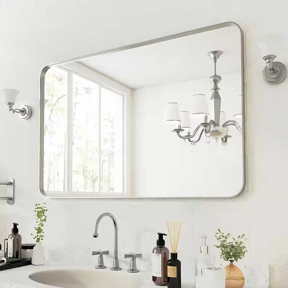 48 In. W X 32 In. H Rectangular Aluminum Framed Wall Bathroom Vanity Mirror in Silver